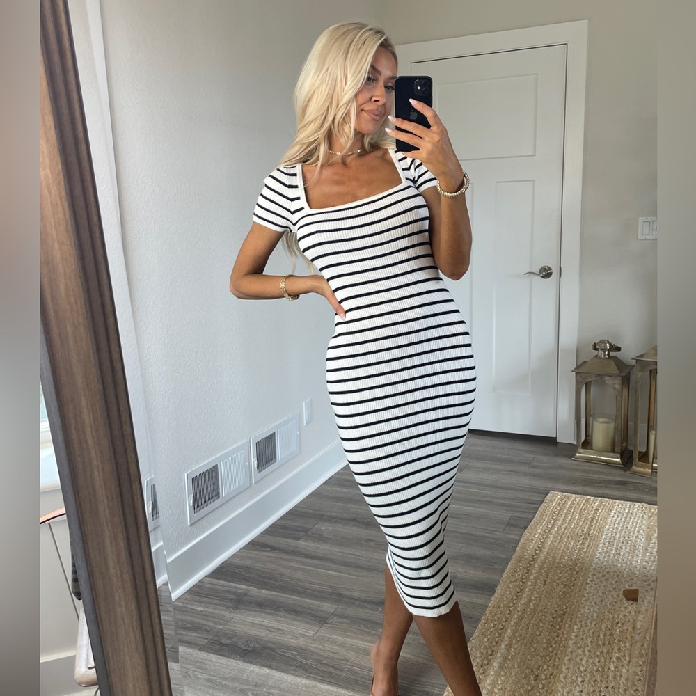 NWT H&M White & Black Striped Knit Square Neck Midi Dress